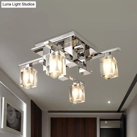 Modernist Clear Glass Flush Ceiling Lamp - Cuboid Semi Light Fixture With 4 Chrome Finish Heads