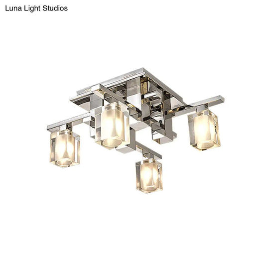 Modernist Clear Glass Flush Ceiling Lamp - Cuboid Semi Light Fixture With 4 Chrome Finish Heads