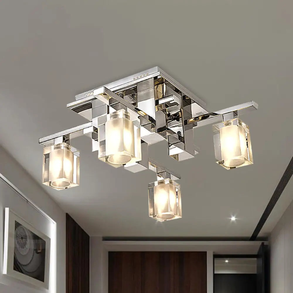 Modernist Clear Glass Flush Ceiling Lamp - Cuboid Semi Light Fixture With 4 Chrome Finish Heads