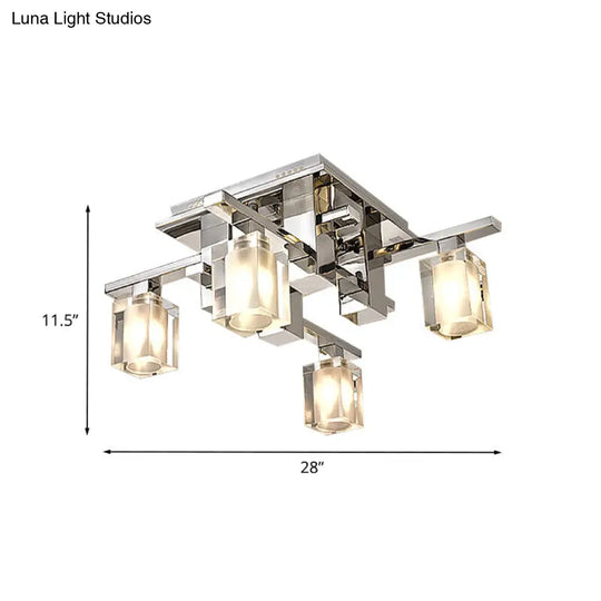 Modernist Clear Glass Flush Ceiling Lamp - Cuboid Semi Light Fixture With 4 Chrome Finish Heads