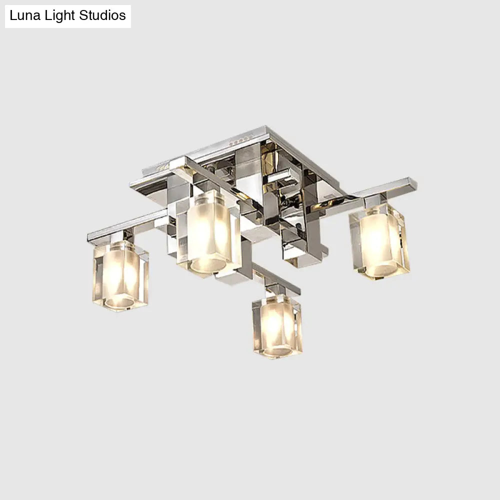 Modernist Clear Glass Flush Ceiling Lamp - Cuboid Semi Light Fixture With 4 Chrome Finish Heads
