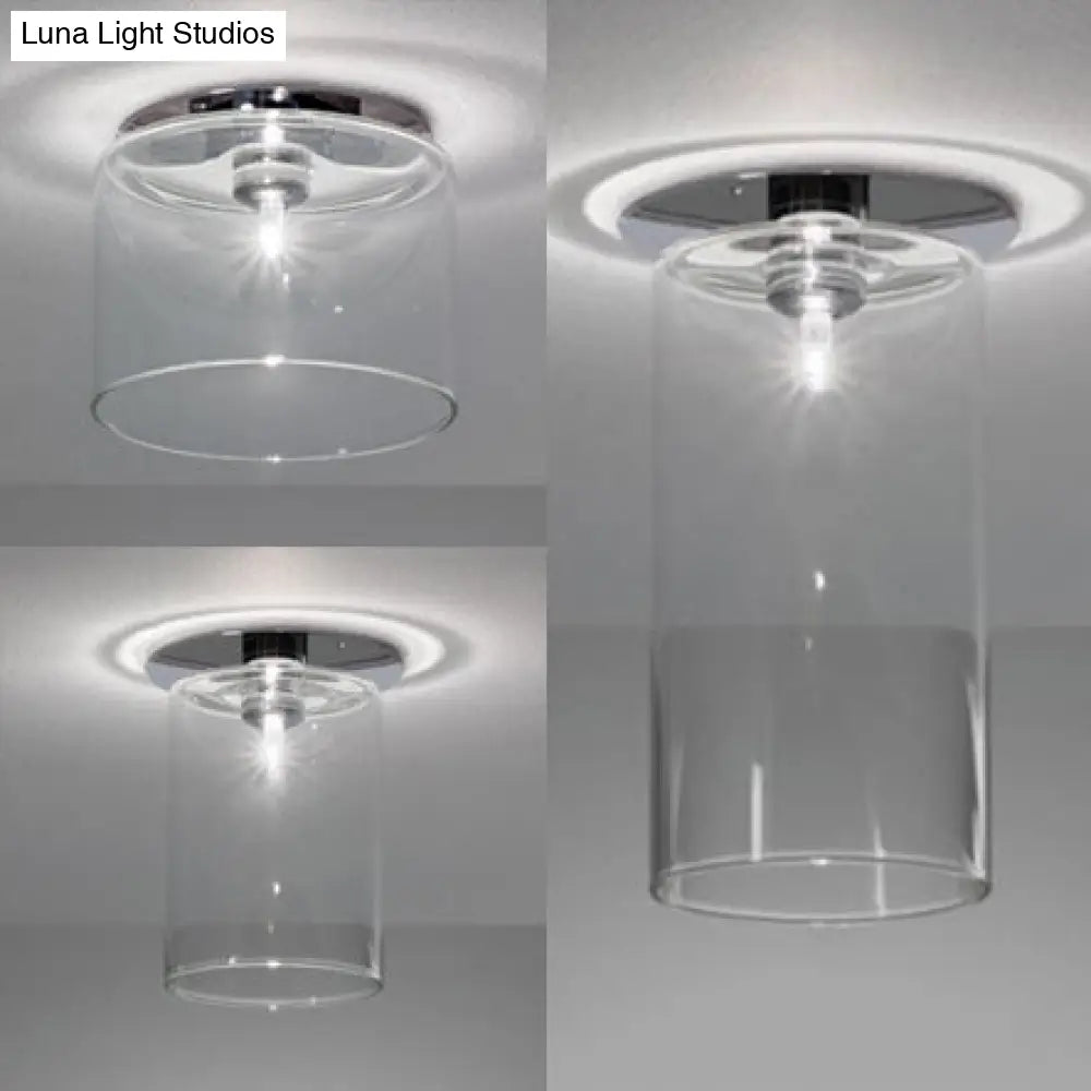 Modernist Clear Glass Flush Mount Lighting - 1 Light Nickel Ceiling Fixture Various Width Options