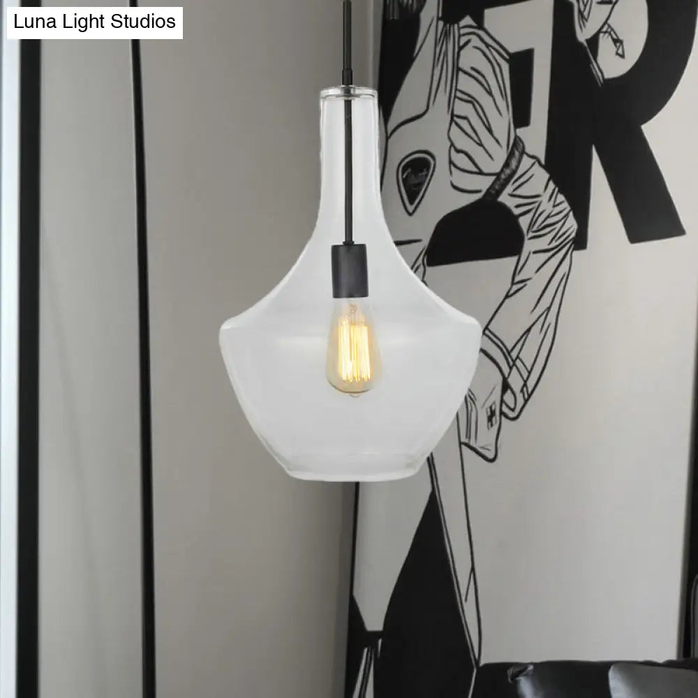 Wide Urn Shape Clear Glass Pendant Lamp - Modernist 1 Light Black Hanging