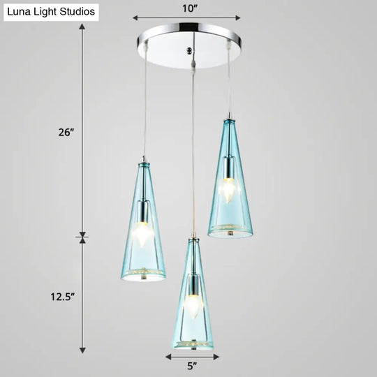 Modernist Conical Glass 3-Light Pendant - Ideal For Dining Room Ceiling