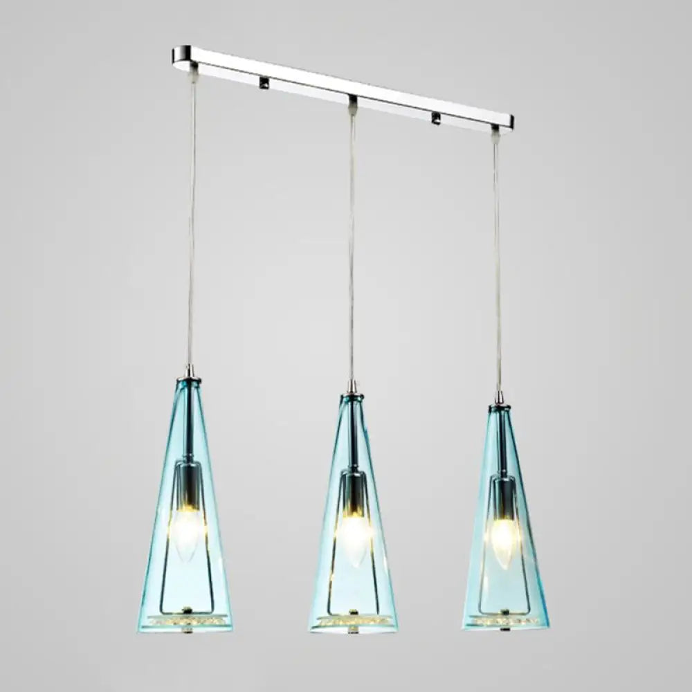 Modernist Conical Glass 3-Light Pendant - Ideal For Dining Room Ceiling Blue / Linear