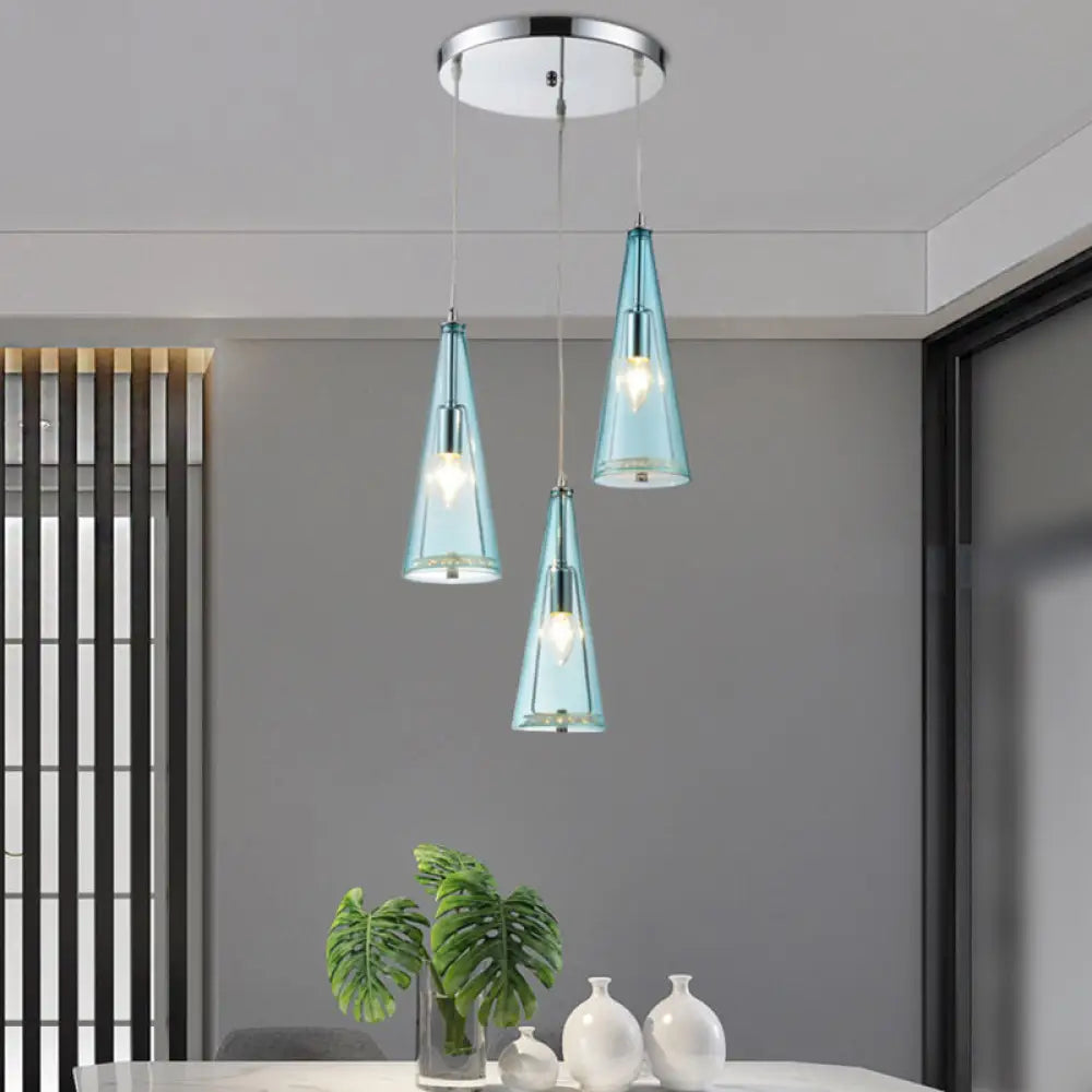 Modernist Conical Glass 3-Light Pendant - Ideal For Dining Room Ceiling Blue / Round
