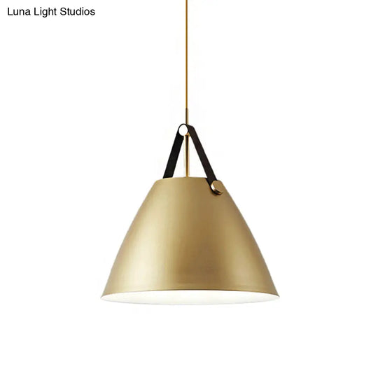 Modernist Conical Pendant Light 10.5/14 W 1-Bulb Metallic Suspension With Leather Strap Black/Blue