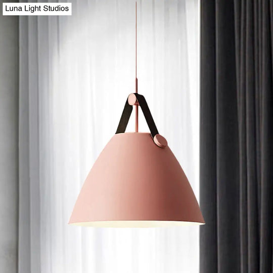 Modernist Conical Pendant Lighting - Metallic Suspension Light With Leather Strap Black/Blue