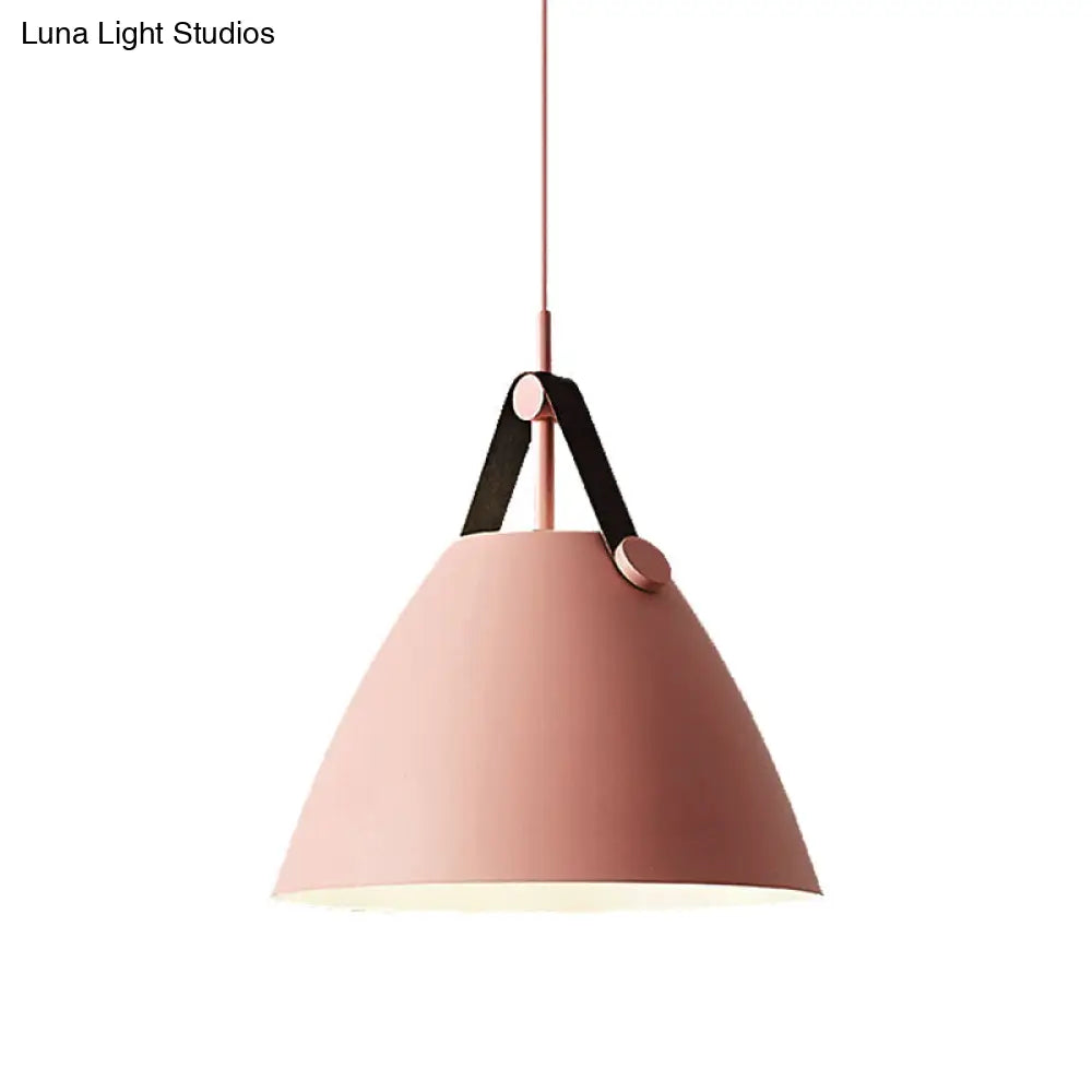 Modernist Conical Pendant Lighting - Metallic Suspension Light With Leather Strap Black/Blue