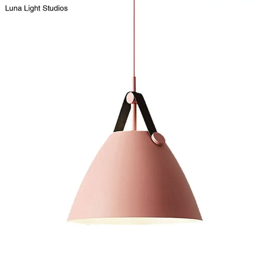 Modernist Conical Pendant Lighting - Metallic Suspension Light With Leather Strap Black/Blue