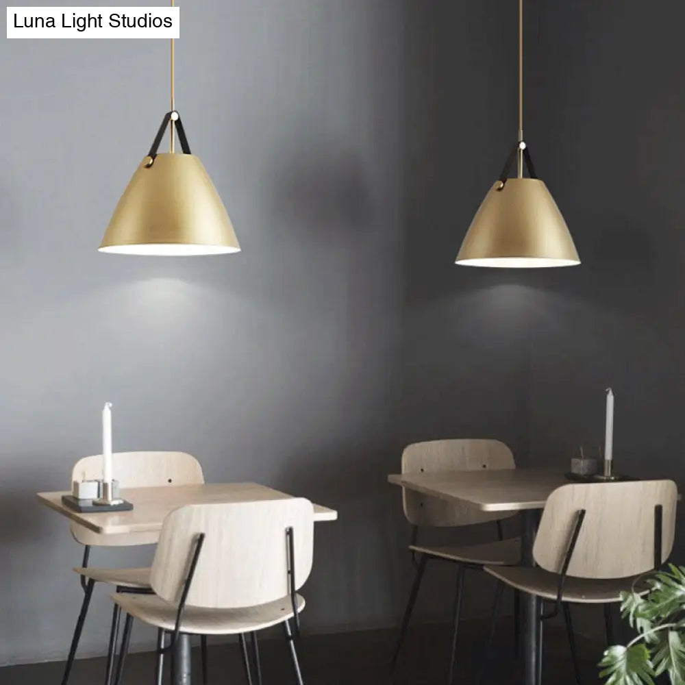 Modernist Conical Pendant Light 10.5/14 W 1-Bulb Metallic Suspension With Leather Strap Black/Blue