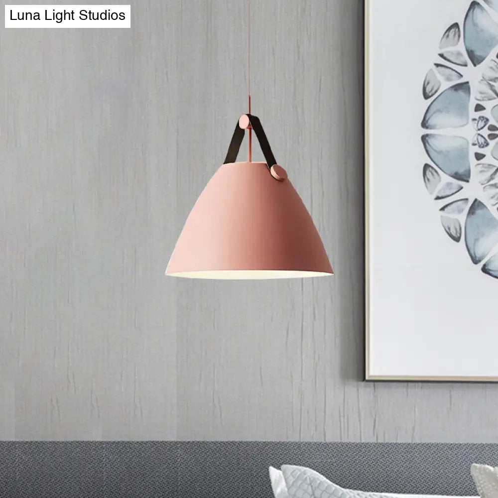 Modernist Conical Pendant Lighting - Metallic Suspension Light With Leather Strap Black/Blue