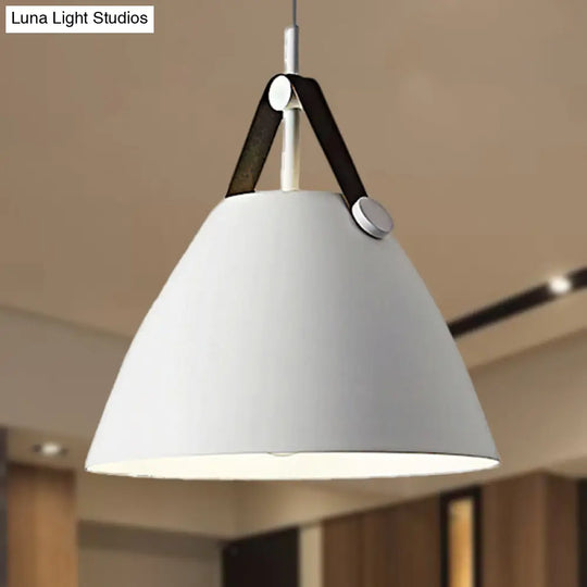 Modernist Conical Pendant Lighting - Metallic Suspension Light With Leather Strap Black/Blue