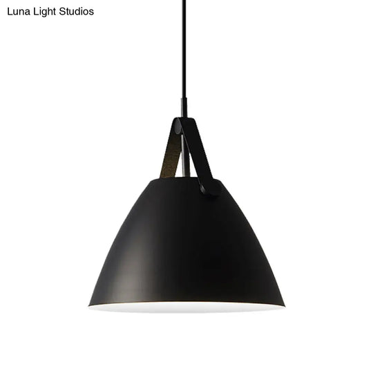 Modernist Conical Pendant Light 10.5/14 W 1-Bulb Metallic Suspension With Leather Strap Black/Blue