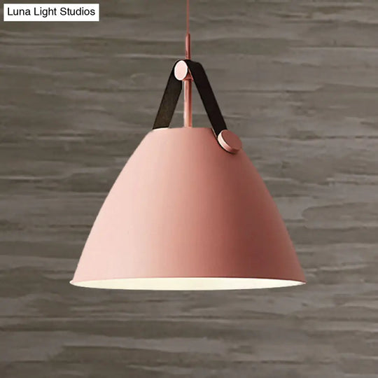 Modernist Conical Pendant Light 10.5/14 W 1-Bulb Metallic Suspension With Leather Strap Black/Blue