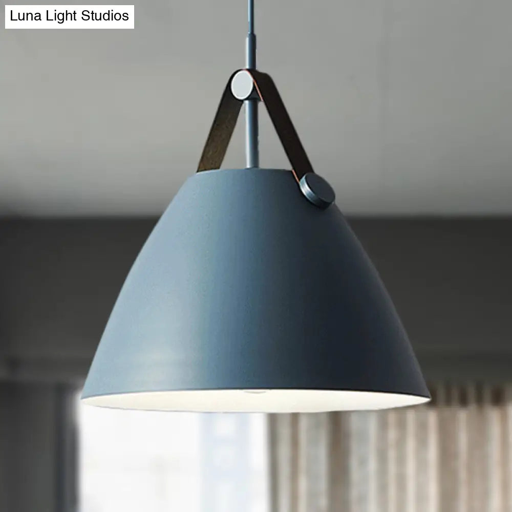 Modernist Conical Pendant Light 10.5/14 W 1-Bulb Metallic Suspension With Leather Strap Black/Blue