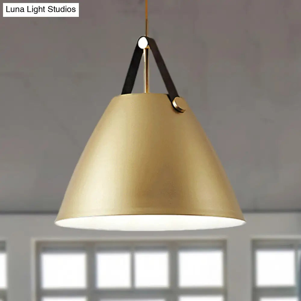 Modernist Conical Pendant Light 10.5/14 W 1-Bulb Metallic Suspension With Leather Strap Black/Blue