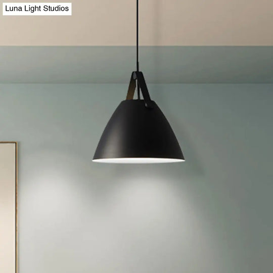 Modernist Conical Pendant Lighting - Metallic Suspension Light With Leather Strap Black/Blue