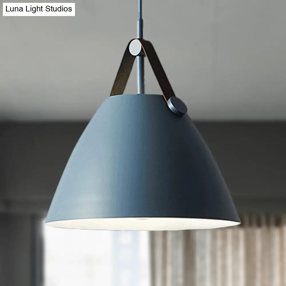 Modernist Conical Pendant Lighting - Metallic Suspension Light With Leather Strap Black/Blue