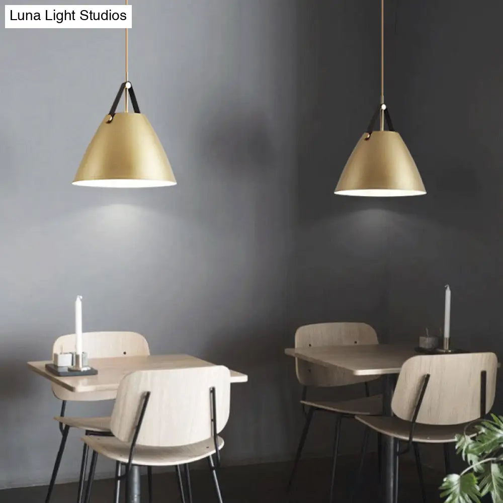 Modernist Conical Pendant Lighting - Metallic Suspension Light With Leather Strap Black/Blue