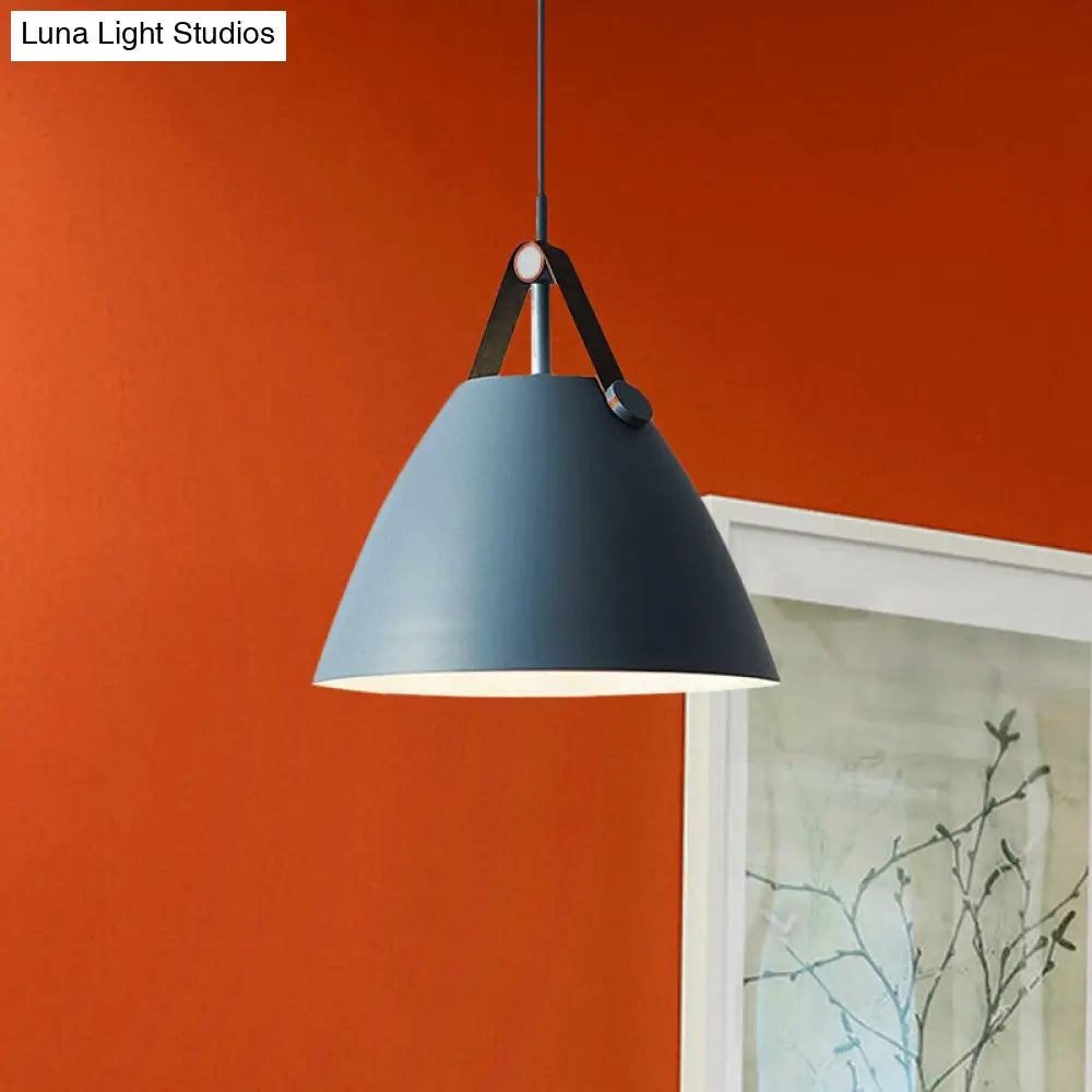 Modernist Conical Pendant Light 10.5/14 W 1-Bulb Metallic Suspension With Leather Strap Black/Blue