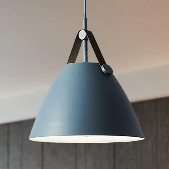 Modernist Conical Pendant Lighting - Metallic Suspension Light With Leather Strap Black/Blue