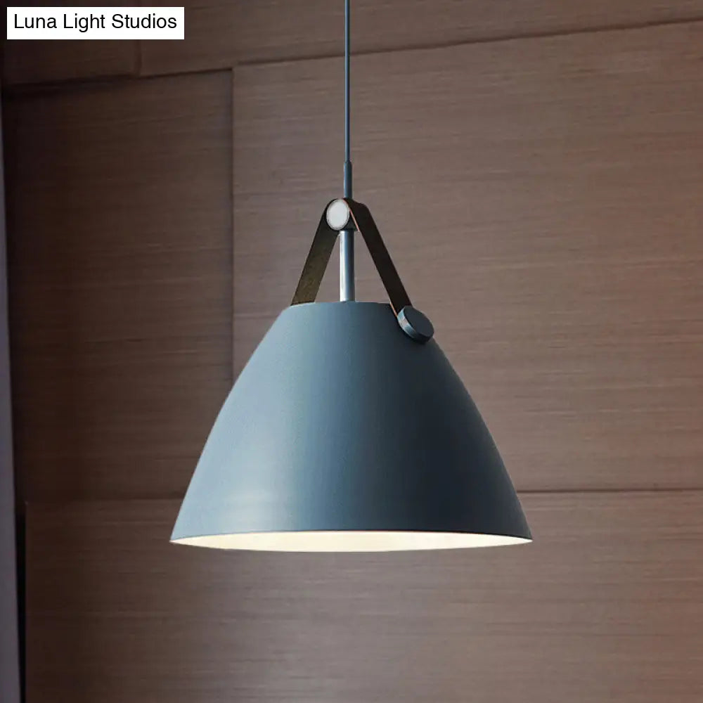 Modernist Conical Pendant Light 10.5/14 W 1-Bulb Metallic Suspension With Leather Strap Black/Blue