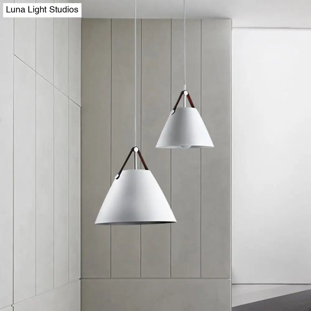 Modernist Conical Pendant Lighting - Metallic Suspension Light With Leather Strap Black/Blue