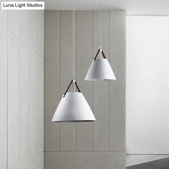 Modernist Conical Pendant Lighting - Metallic Suspension Light With Leather Strap Black/Blue