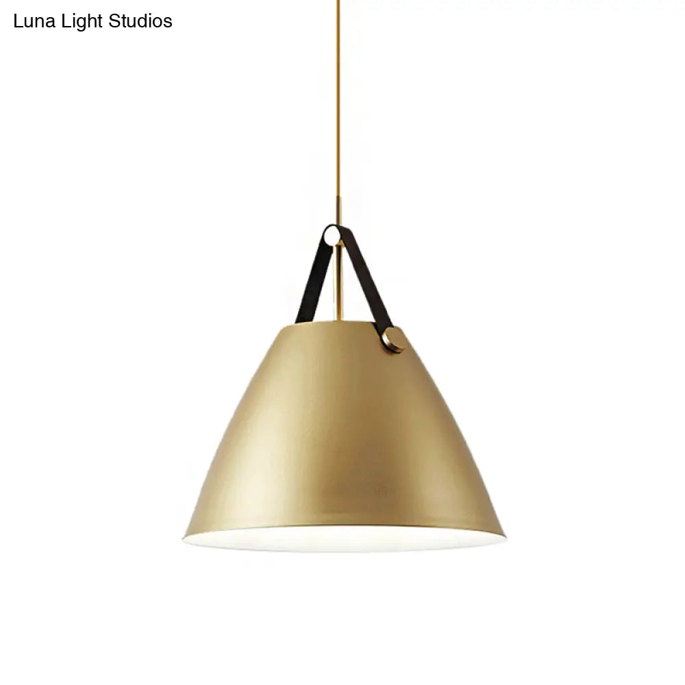 Modernist Conical Pendant Lighting - Metallic Suspension Light With Leather Strap Black/Blue