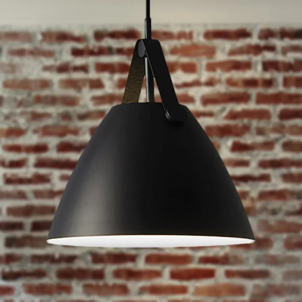 Modernist Conical Pendant Lighting - Metallic Suspension Light With Leather Strap Black/Blue