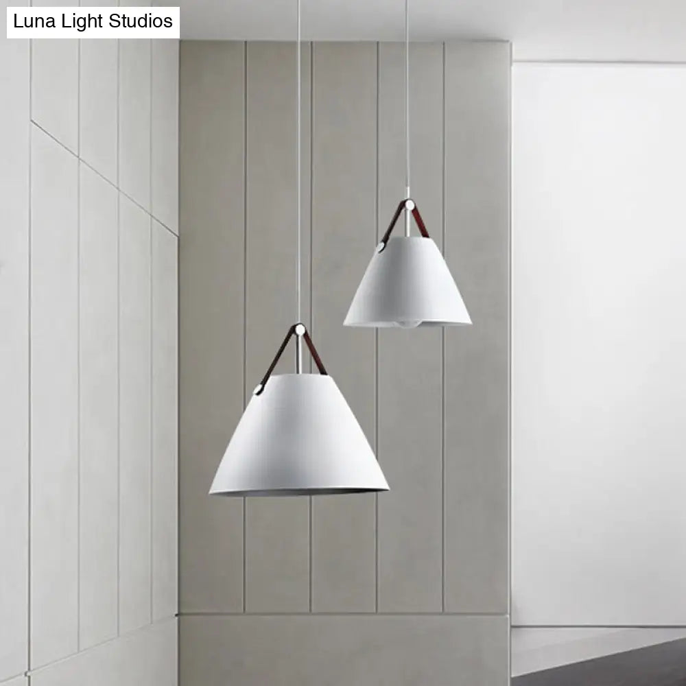 Modernist Conical Pendant Light 10.5/14 W 1-Bulb Metallic Suspension With Leather Strap Black/Blue