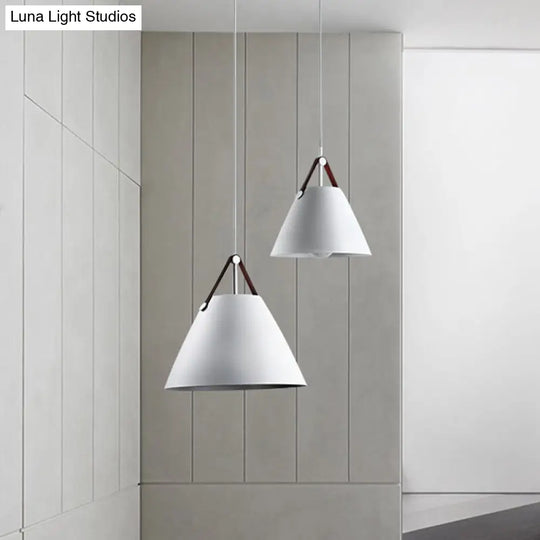 Modernist Conical Pendant Light 10.5/14 W 1-Bulb Metallic Suspension With Leather Strap Black/Blue