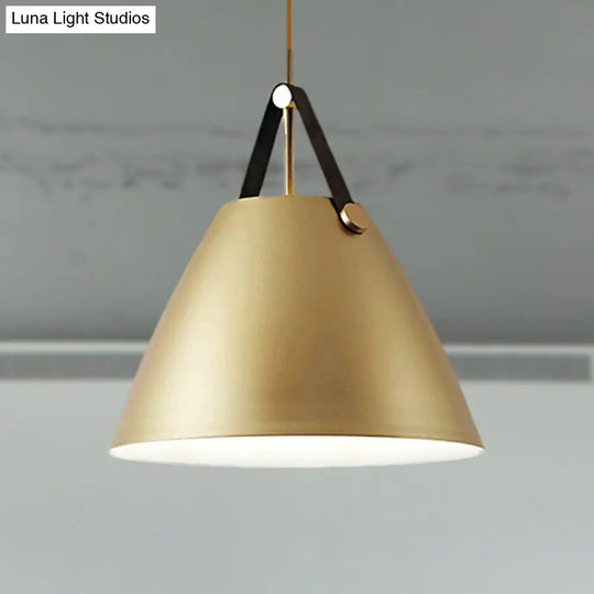 Modernist Conical Pendant Light 10.5/14 W 1-Bulb Metallic Suspension With Leather Strap Black/Blue