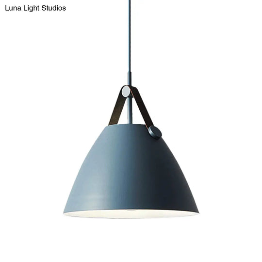 Modernist Conical Pendant Light 10.5/14 W 1-Bulb Metallic Suspension With Leather Strap Black/Blue