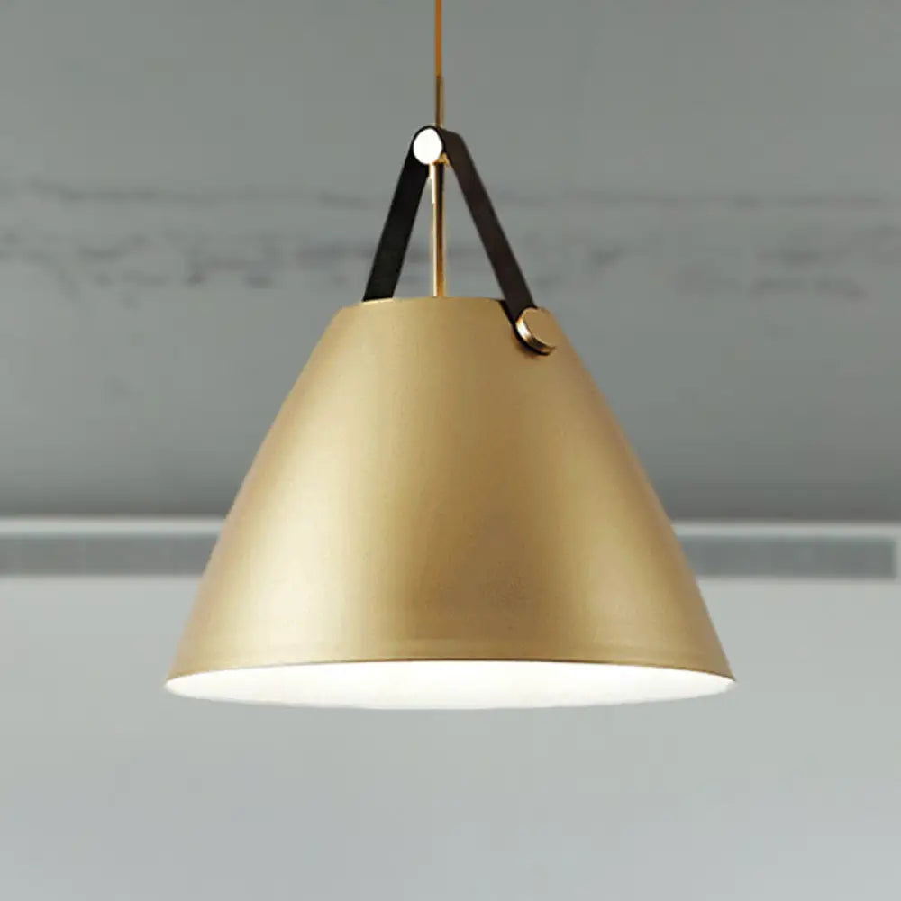 Modernist Conical Pendant Lighting - Metallic Suspension Light With Leather Strap Black/Blue