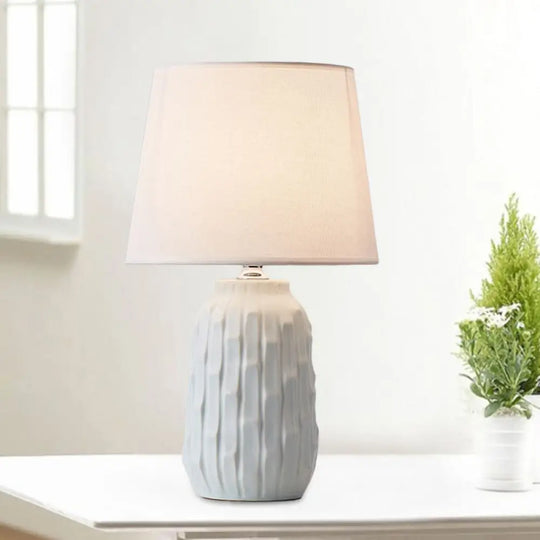 Modernist Conical Table Lamp With Ceramic Base In White/Pink/Blue Shades Blue