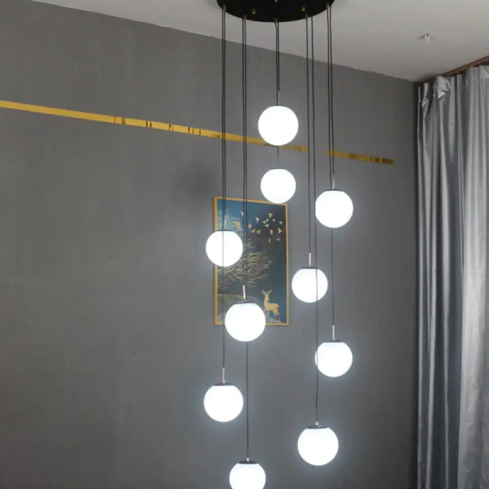 Modernist Cream Glass Ball Pendant Light With Black Suspension - 10 Heads Living Room Lighting /