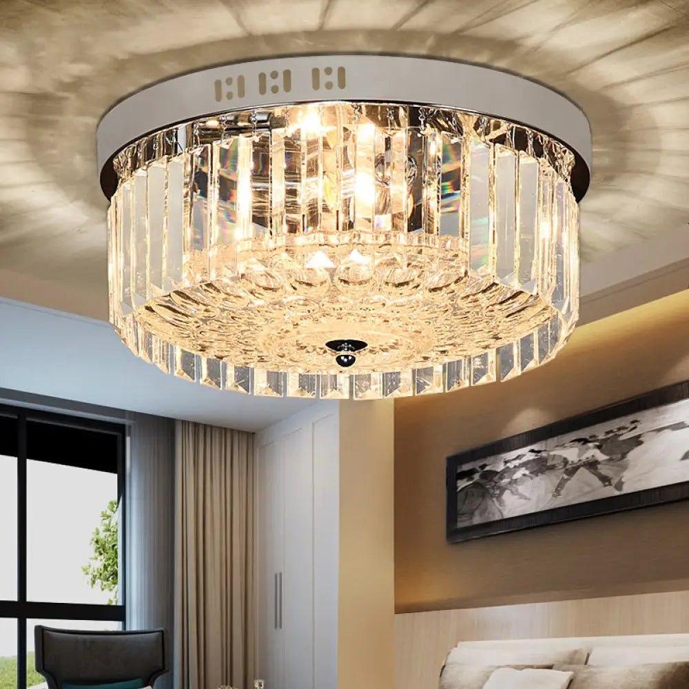Modernist Crystal 5 - Light Drum Flush Mount Lamp For Bedroom - Chrome Finish