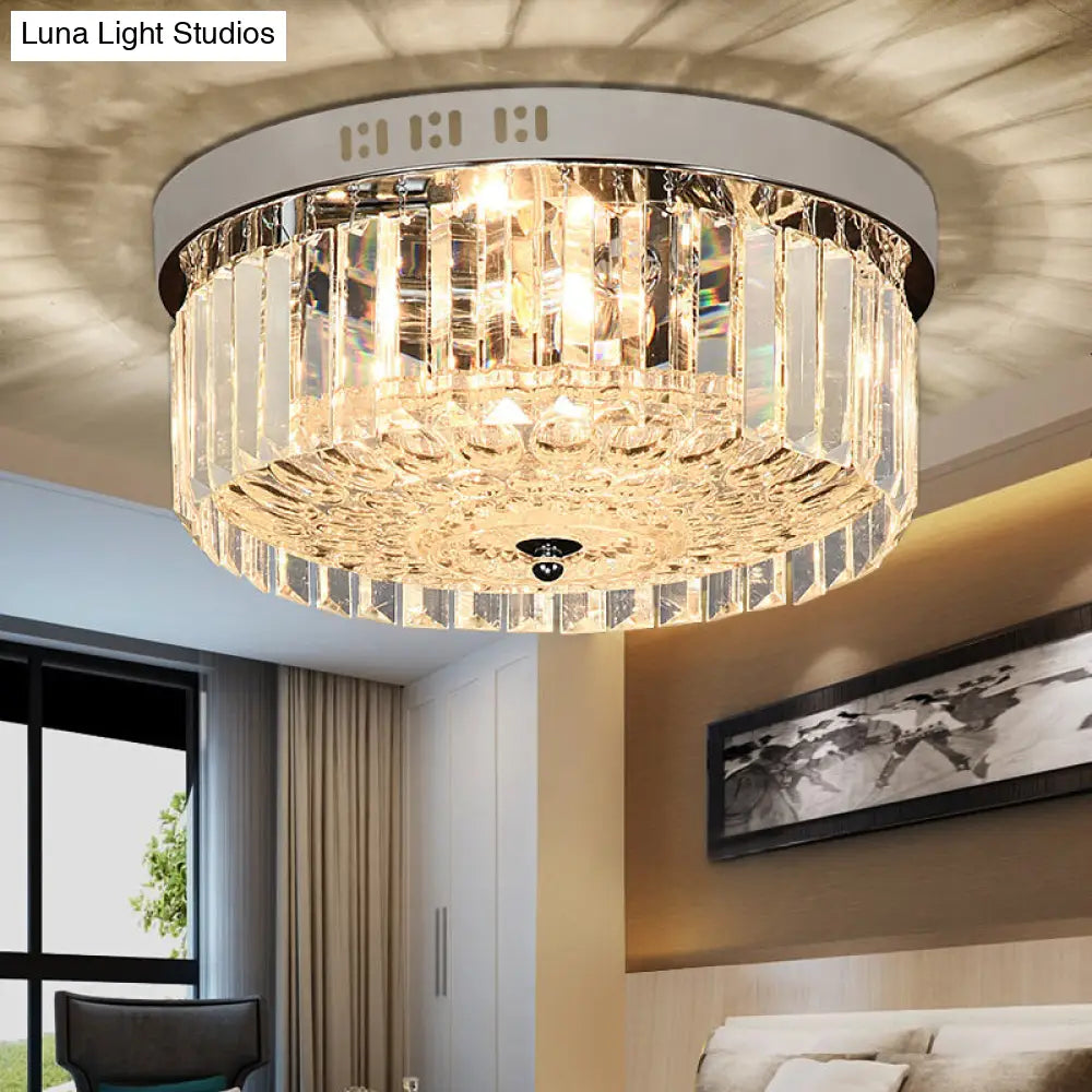 Modernist Crystal 5-Light Drum Flush Mount Lamp For Bedroom - Chrome Finish