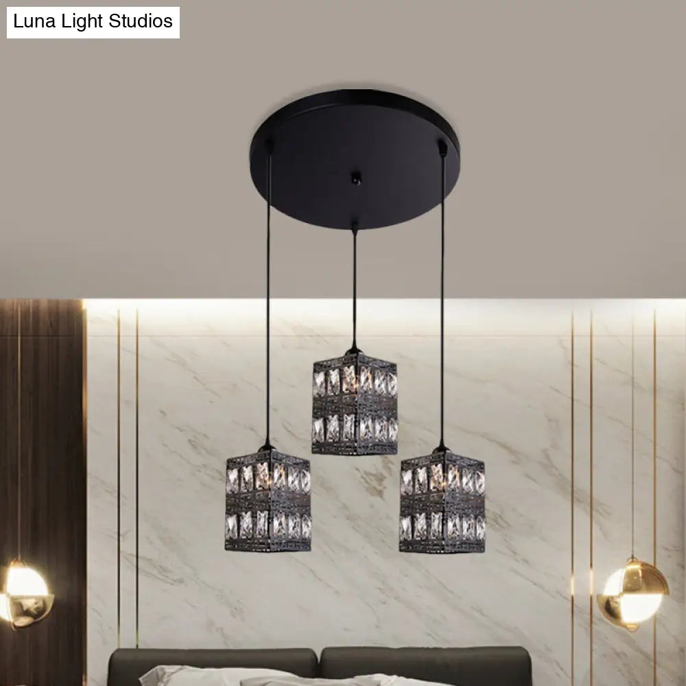 Modern Crystal Pendulum Light - Cuboid Shape 3-Light Black Finish