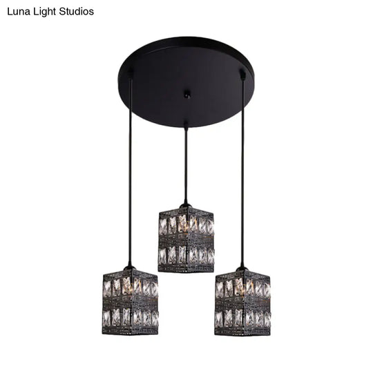 Modern Crystal Pendulum Light - Cuboid Shape 3-Light Black Finish