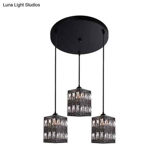 Modernist Crystal Block Cuboid Pendulum Light - 3-Light Black Finish Hanging Lamp