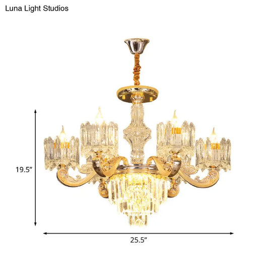 Modernist Gold Crystal Block Chandelier - Round Hanging Pendant Lamp (6/8 Lights) For Living Room