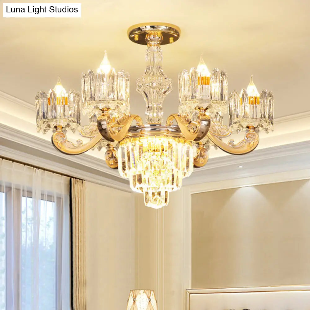 Modernist Gold Crystal Block Chandelier - Round Hanging Pendant Lamp (6/8 Lights) For Living Room