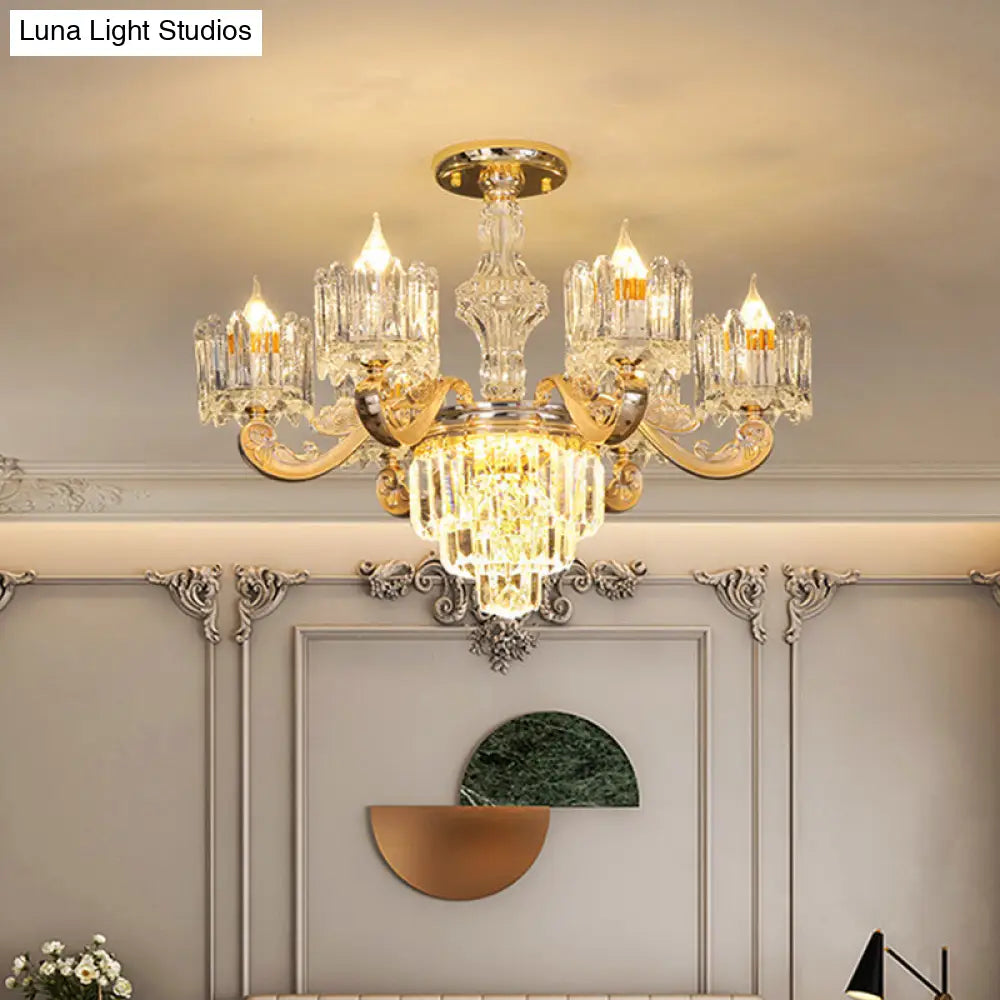 Modernist Gold Crystal Block Chandelier - Round Hanging Pendant Lamp (6/8 Lights) For Living Room