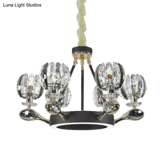 Modernist Crystal Suspension Light: 6-Headed Bud-Shaped Black Chandelier