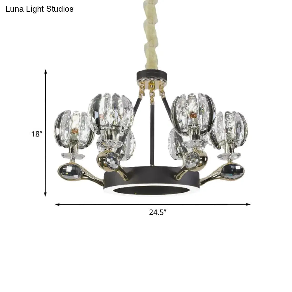 Modernist Crystal Suspension Light: 6-Headed Bud-Shaped Black Chandelier