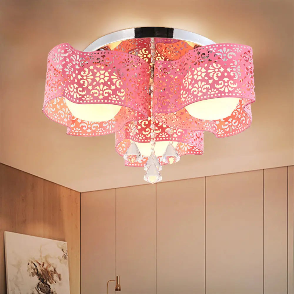 Modernist Crystal Ceiling Lamp With Etched Flower Design 3/5 Lights Opal Glass Ball Shade
