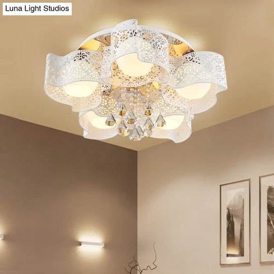 Modernist Crystal Ceiling Lamp With Etched Flower Design 3/5 Lights Opal Glass Ball Shade